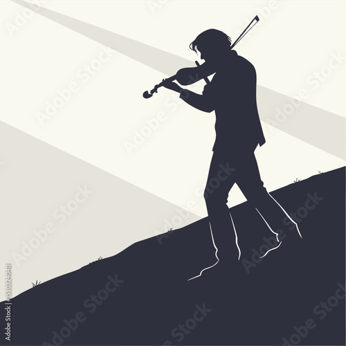 Silhouette of a violinist on a hill playing music with a bow