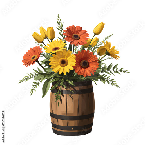 Wallpaper Mural A small wooden barrel with a bright bouquet of gerbera daisies, yellow tulips, and greenery. Joyful, rustic, cheerful, no shadows, vibrant, lively, outdoor, summer. Torontodigital.ca