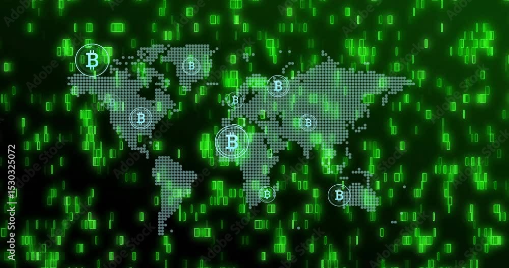 Cascading green pixels starting dotted map forming and Bitcoin logos pulsing, showing global trades Cascading green pixels starting dotted map forming and Bitcoin logos pulsing, showing global trades