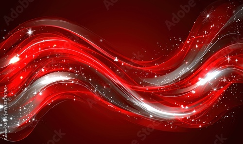 Abstract image of flowing, red and white waves with glittering sparkles on a dark red background.  The waves create a sense of movement and dynamism