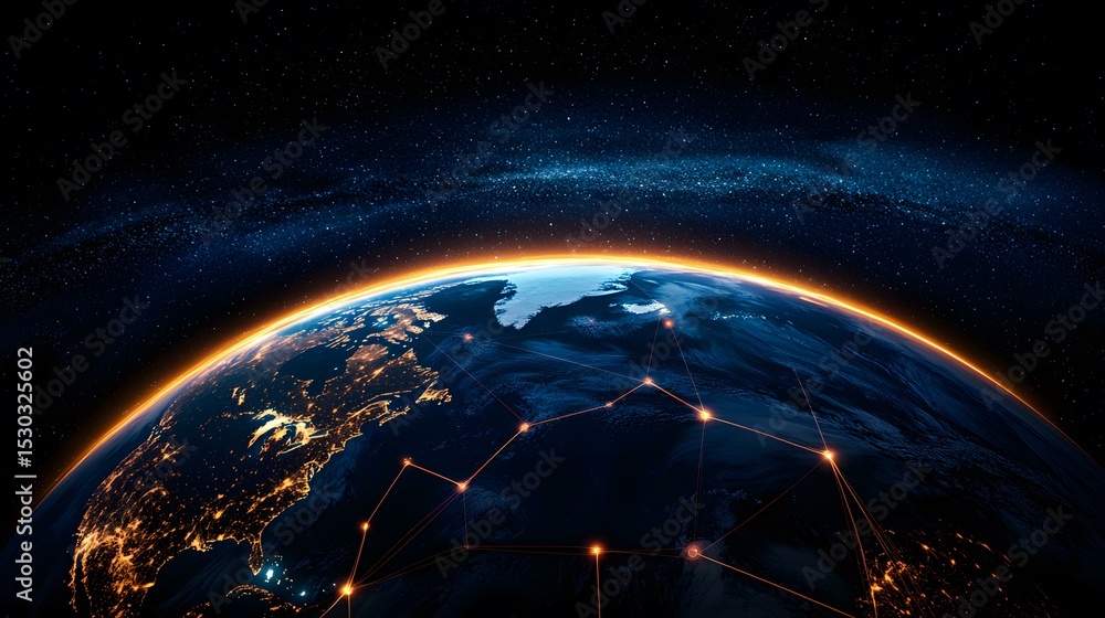 Obraz premium A nighttime view of Earth from space, showing city lights and a network of glowing lines connecting various points across the globe, set against the backdrop of a starry sky and the Milky Way.