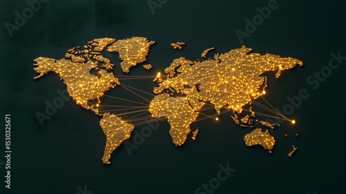 Fototapeta Naklejka Na Ścianę i Meble -  A golden, illuminated world map displays interconnected nodes, representing global communication and networking.