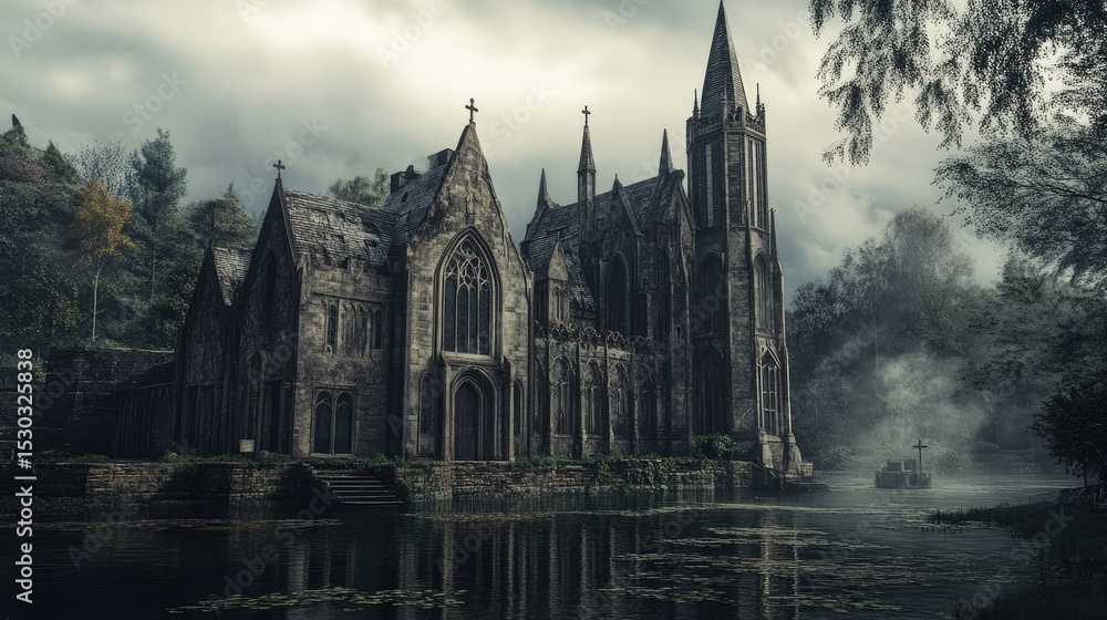Fototapeta premium Gothic Chapel by the Lake: A Misty, Mysterious Scene
