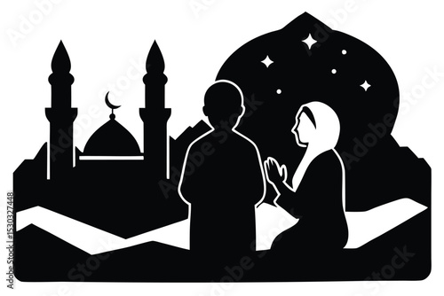 Muslim couple praying at sunrise in mecca