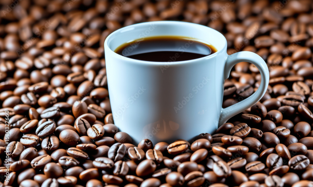 Fototapeta premium Fresh Coffee in White Cup on Beans