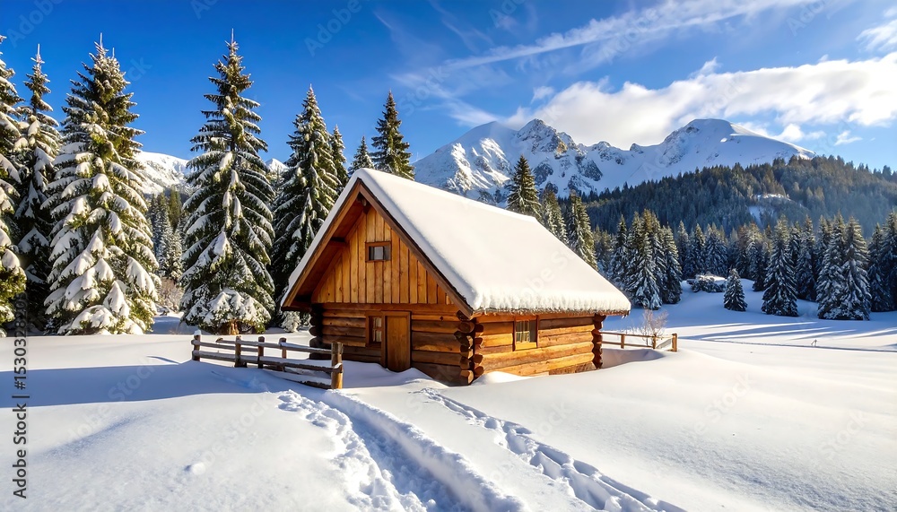 Naklejka premium Winter cabin in snow with forest and mountains.