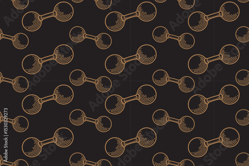 Dumbbell rounded line art seamless pattern on black background. Dumbbell engraving doodle pattern background. Weight cast iron hatching motif wallpaper. Fitness, gym, weightlifting merchandise