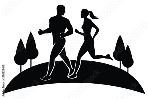 Silhouette couple jogging at sunrise morning exercise vector graphic