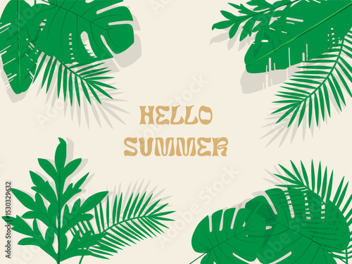 Hello Summer vector concept design, abstract illustration with jungle exotic leaves, green color design, summer background and banner