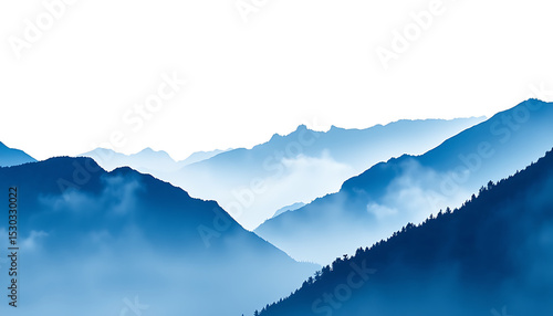Blue torn paper revealing a misty mountain landscape at sunrise