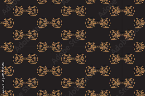Dumbbell pentagon line art seamless pattern on black background. Weight cast iron engraving doodle pattern background. Dumbbell hatching motif wallpaper. Fitness, gym, weightlifting merchandise
