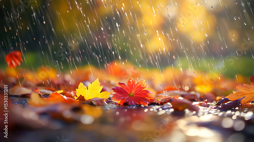Autumnal scene of falling raindrops on vibrant leaves and a red flower in a picturesque close up.