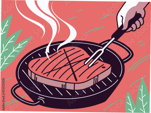 Grilled steak being flipped on a barbecue grill, with smoke rising and vibrant green leaves in the background, showcasing the art of outdoor cooking and culinary delight