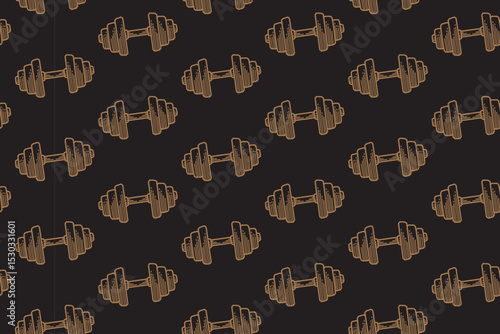 Dumbbell with weight plate line art seamless pattern on black background. Weight cast iron engraving pattern background. Dumbbell hatching motif wallpaper. Fitness, gym, weightlifting merchandise