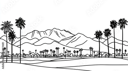 Line drawing of a desert landscape with mountains and palm trees.