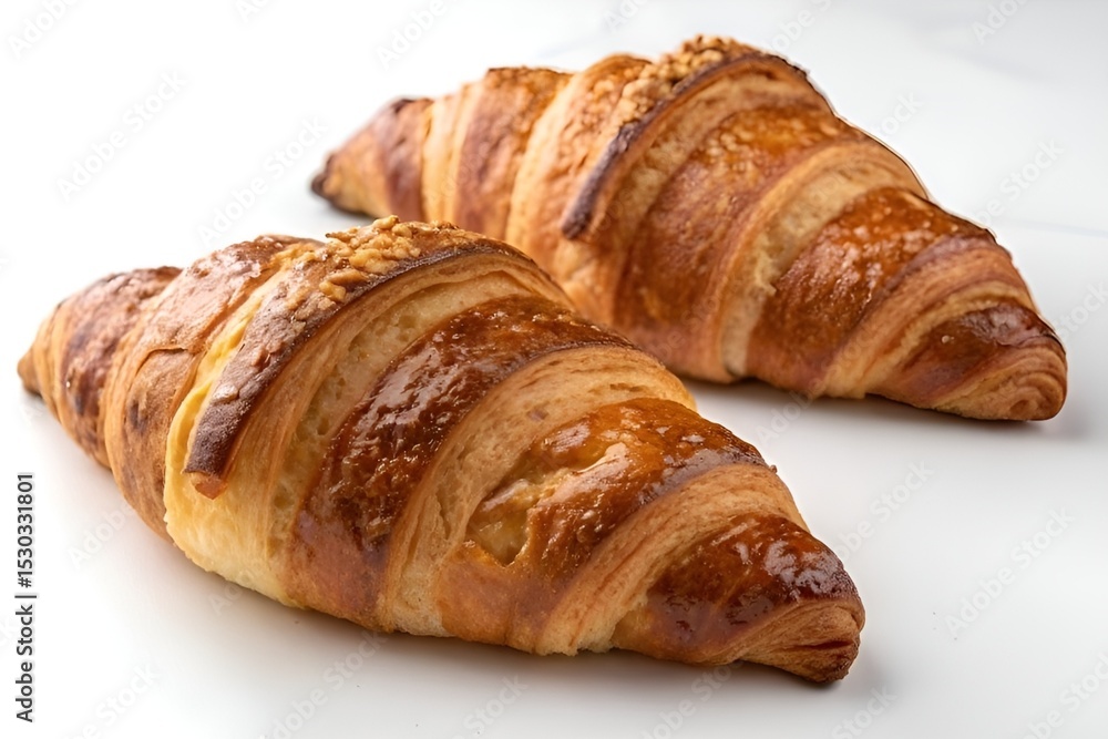 Golden Brown Croissants Close-Up on White Background – Hyperrealistic Crisp Pastry with Glossy Layers Golden Brown Croissants Close-Up on White Background – Hyperrealistic Crisp Pastry with Glossy Layers