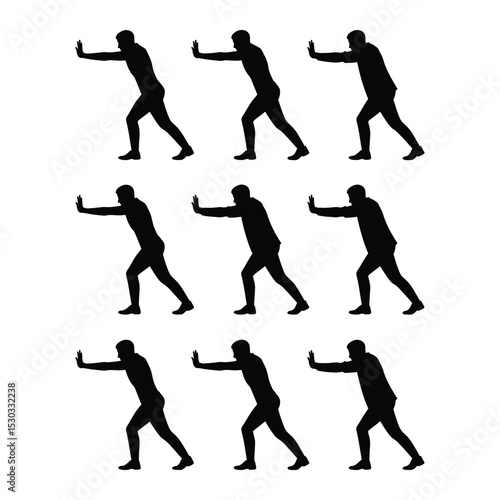 Collection of male silhouettes in dynamic pushing stances with forceful motion