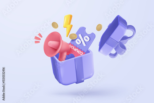 3d gift box opening simplicity icon signs with confetti. Firecracker explodes with ribbon for surprise, giving winner award, birthday party and anniversary. 3d gift box icon vector render illustration
