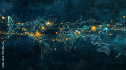 Global network connections visualized on a world map with glowing nodes and lines.
