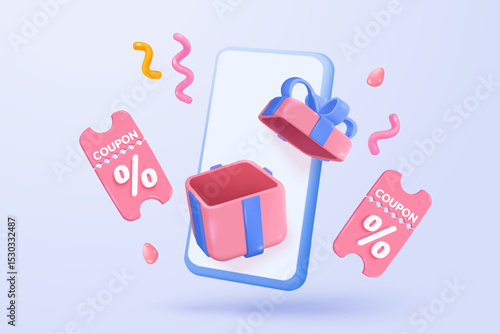 3D thunder bolt icon with coupon for sale and shopping online, discount coupon in mobile phone. flash lightning on alert notice special offer promotion. 3d price tags icon vector render illustration