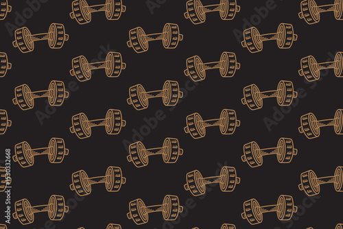 Dumbbell line art seamless pattern on black background. Dumbbell rounded engraving doodle pattern background. Weight cast iron hatching motif wallpaper. Fitness, gym, weightlifting merchandise