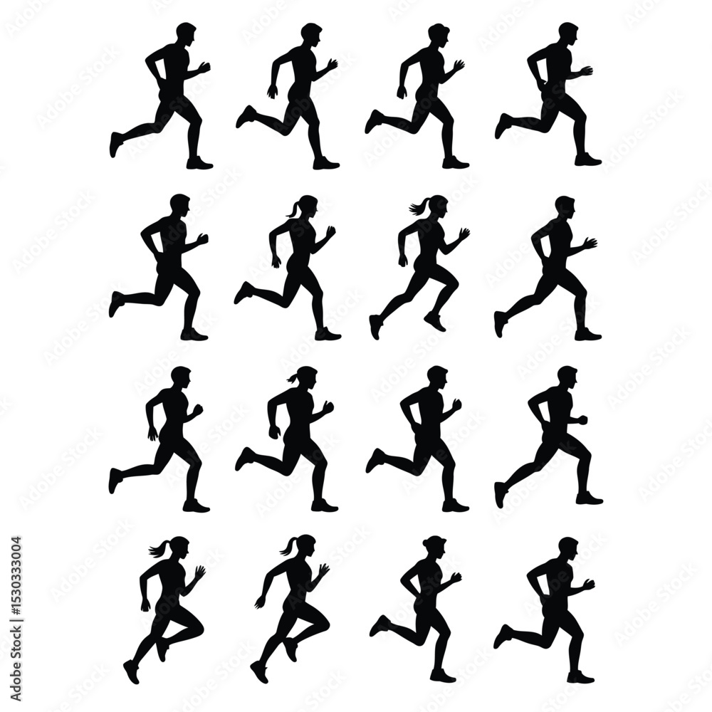 Series of male and female runner silhouettes in dynamic mid-stride poses on white background Series of male and female runner silhouettes in dynamic mid-stride poses on white background