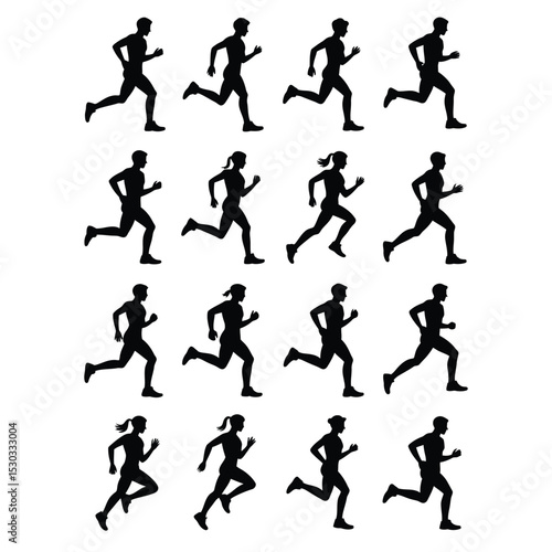 Series of male and female runner silhouettes in dynamic mid-stride poses on white background