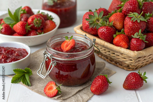 Fresh strawberries and homemade jam in clear jar surrounded by ripe berries