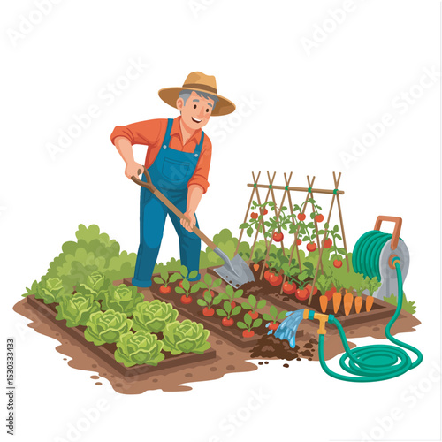 Vector illustration of a cheerful farmer tending to a vibrant vegetable garden with a shovel, surrounded by fresh crops and a watering hose. Represents agriculture, organic farming, and sustainable
