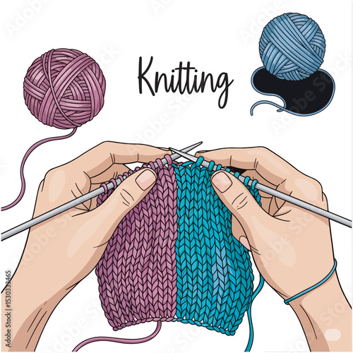 Vector illustration of hands knitting with blue and pink yarn, needles in motion, accompanied by two yarn balls. Represents the craft of knitting, handmade items, and hobby concepts on a transparent b