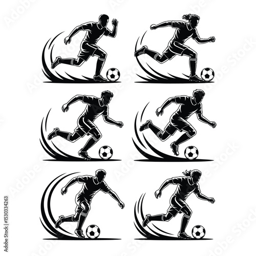 Bold soccer player silhouettes in dynamic action poses with motion effects on white background