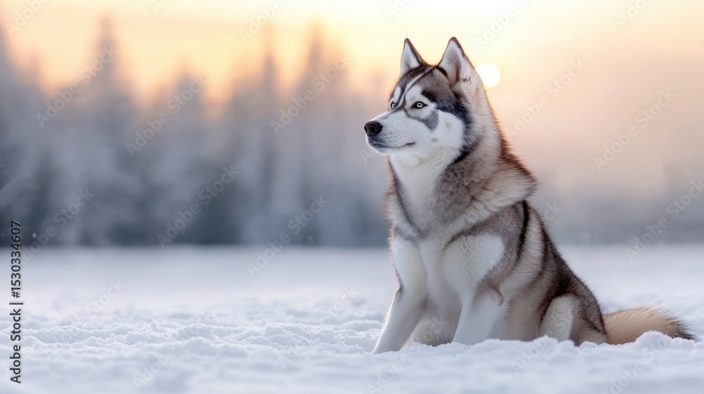 Naklejka premium A beautiful Siberian husky rests on fresh snow, surrounded by a serene winter landscape. The early morning sun casts a warm glow, highlighting the dog's striking features.
