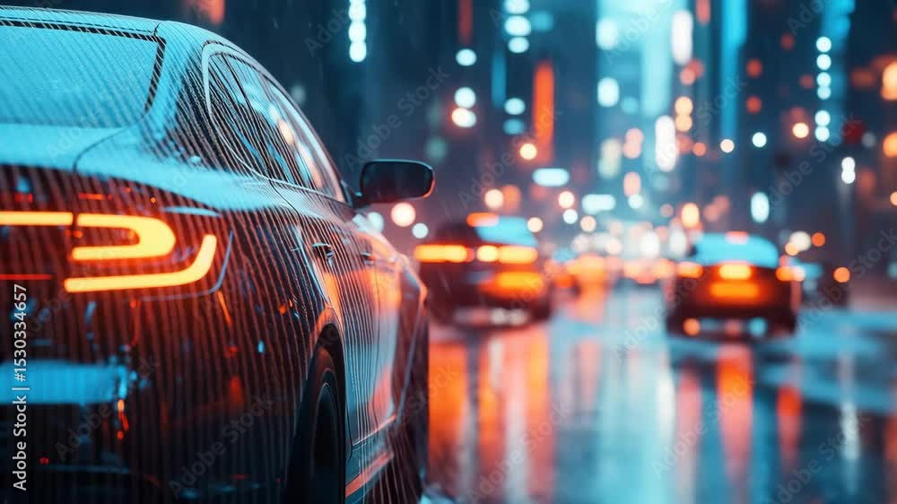 the camera remaining static behind the lead car, watch as the flow of traffic moves slowly through the neon-lit cityscape The taillights of the cars ahead create long streaks of red light