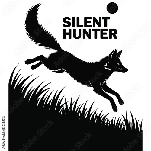 Dynamic high-contrast silhouette of a leaping fox with bushy tail and pointed ears