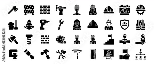 Construction Worker Icons: A comprehensive collection of black glyph icons representing various tools, safety equipment, and personnel in the construction industry.
