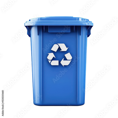Blue recycle bin with white recycle symbol for waste sorting and waste on transparent background