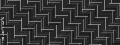 Black floor pattern in herringbone layout. Tile texture with white seams creates seamless contrast. Optical illusion. Clean vector base for interior or digital use. Vector illustration.