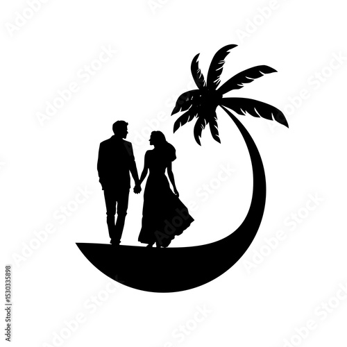 Silhouette of a couple holding hands, Perfect for romantic themes, wedding inspiration, and love stories