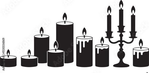 Melting candle vector silhouettes with wax pools and classic candelabra for warm, moody design accents