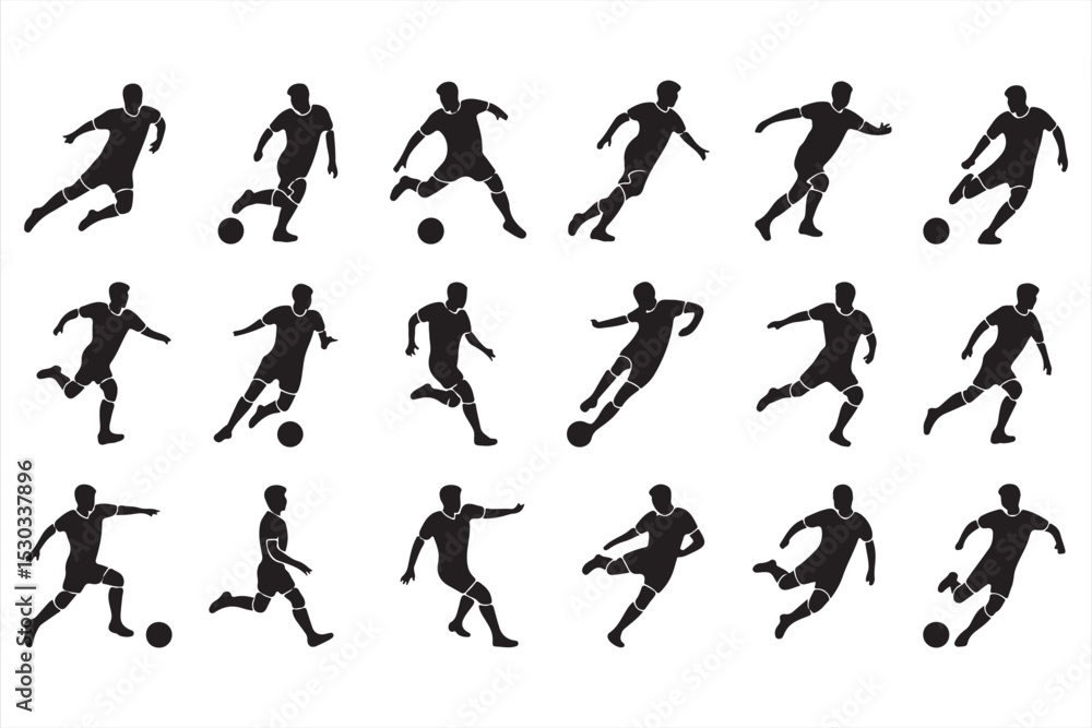 Black and white football silhouette icons of running, passing, and shooting players Black and white football silhouette icons of running, passing, and shooting players