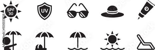 Clean minimalist SPF and UV safety icons including lotion, shield, sun hats, and sunglasses for summer protection vector design