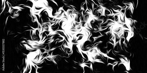 Abstract white smoke swirl texture on black background, high contrast vector design with flowing dynamic artistic backdrop for digital art. Smoky design background.