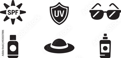 Sun safety and SPF icon set with UV symbols, sunglasses, hats, sunscreen and beach protection in modern black vector style