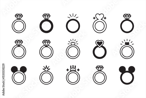Whimsical engagement and wedding ring icon bundle with cartoon, heart, and crown motifs