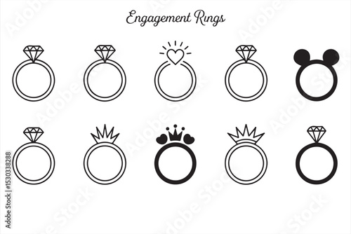 Stylized individual engagement ring vector icons with elegant romantic elements