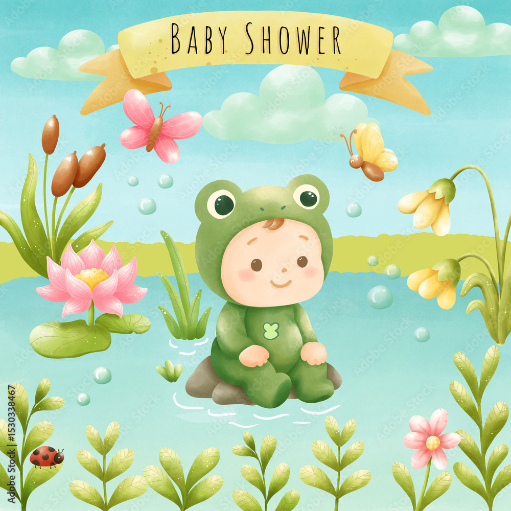 Naklejka premium cute baby frog in wetland.