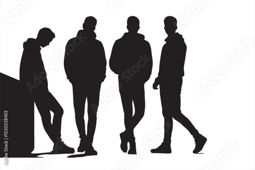 Stylized vector silhouettes posing with attitude in minimalist studio space