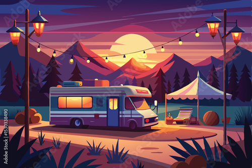 A vibrant, stylized illustration of a peaceful campsite scene.