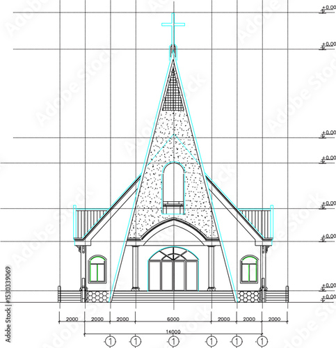 vector illustration of architectural design view of exterior facade of holy catholic church with classic vintage style