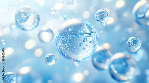 Fototapeta Naklejka Na Ścianę i Meble -  3d set of blue collagen serum drops with water molecule cell structure render. Cosmetic skin care vitamin balls, hyaluronic acid bubbles or liquid transparent spheres moisture essence. 3D illustration